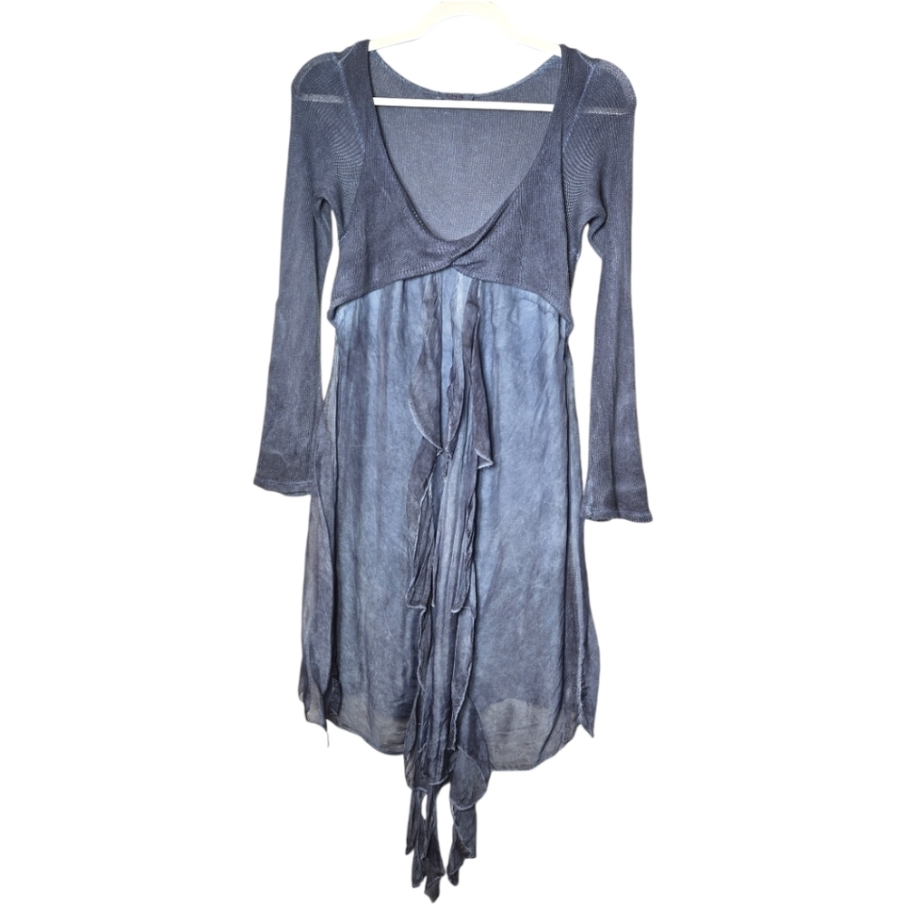 Scandal Blue Silk Ruffle Watercolor Dress Size Medium